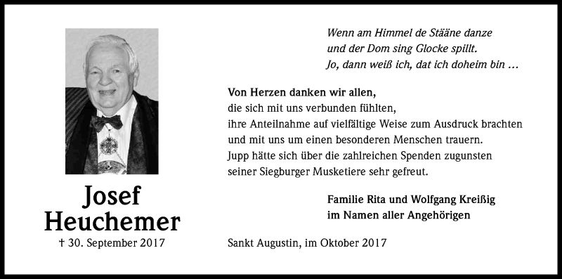  Traueranzeige für Josef Heuchemer vom 28.10.2017 aus Kölner Stadt-Anzeiger / Kölnische Rundschau / Express