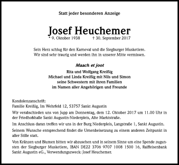 Anzeige von Josef Heuchemer von Kölner Stadt-Anzeiger / Kölnische Rundschau / Express