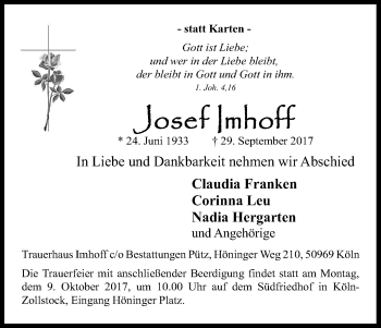 Anzeige von Josef Imhoff von Kölner Stadt-Anzeiger / Kölnische Rundschau / Express