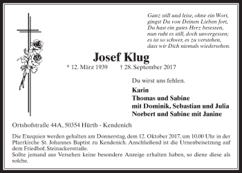 Anzeige von Josef Klug von  Wochenende 