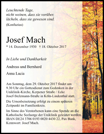 Anzeige von Josef Mach von Kölner Stadt-Anzeiger / Kölnische Rundschau / Express