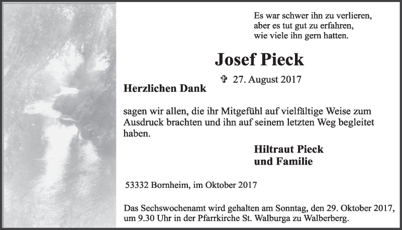  Traueranzeige für Josef Pieck vom 11.10.2017 aus  Schlossbote/Werbekurier 