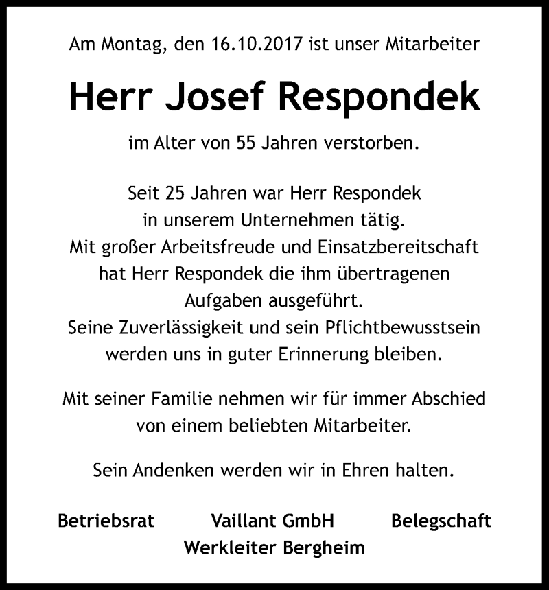  Traueranzeige für Josef Respondek vom 21.10.2017 aus Kölner Stadt-Anzeiger / Kölnische Rundschau / Express
