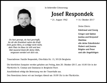 Anzeige von Josef Respondek von Kölner Stadt-Anzeiger / Kölnische Rundschau / Express