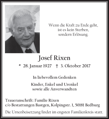 Anzeige von Josef Rixen von  Werbepost 