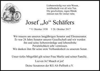Anzeige von Josef Schäfers von Kölner Stadt-Anzeiger / Kölnische Rundschau / Express