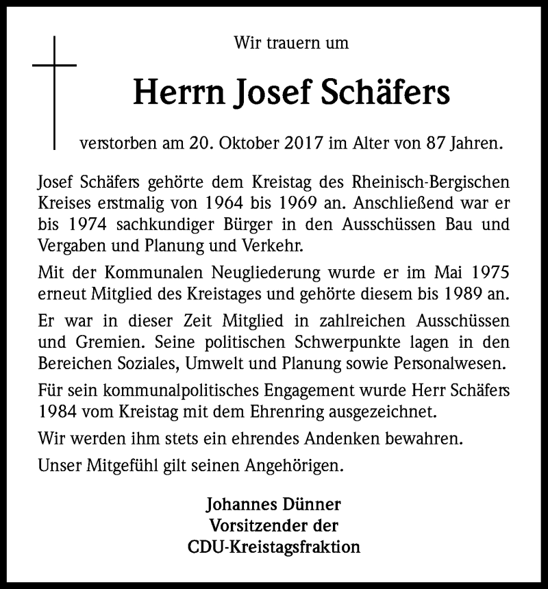  Traueranzeige für Josef Schäfers vom 28.10.2017 aus Kölner Stadt-Anzeiger / Kölnische Rundschau / Express