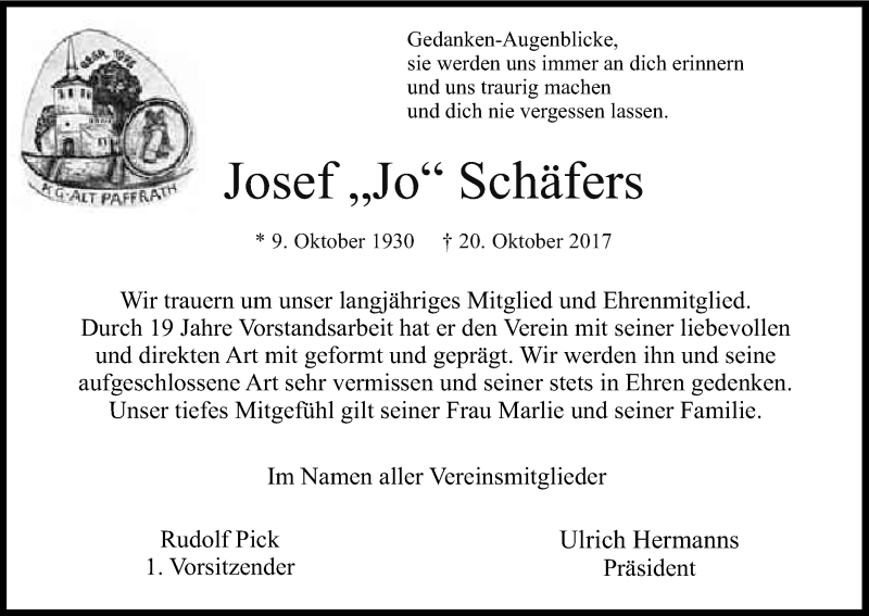 Traueranzeige für Josef Schäfers vom 28.10.2017 aus Kölner Stadt-Anzeiger / Kölnische Rundschau / Express