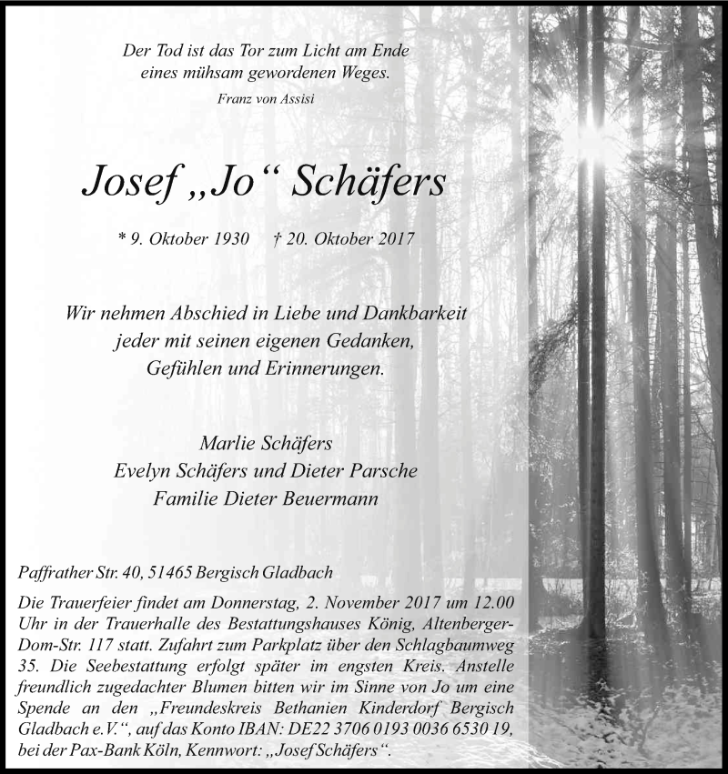  Traueranzeige für Josef Schäfers vom 28.10.2017 aus Kölner Stadt-Anzeiger / Kölnische Rundschau / Express