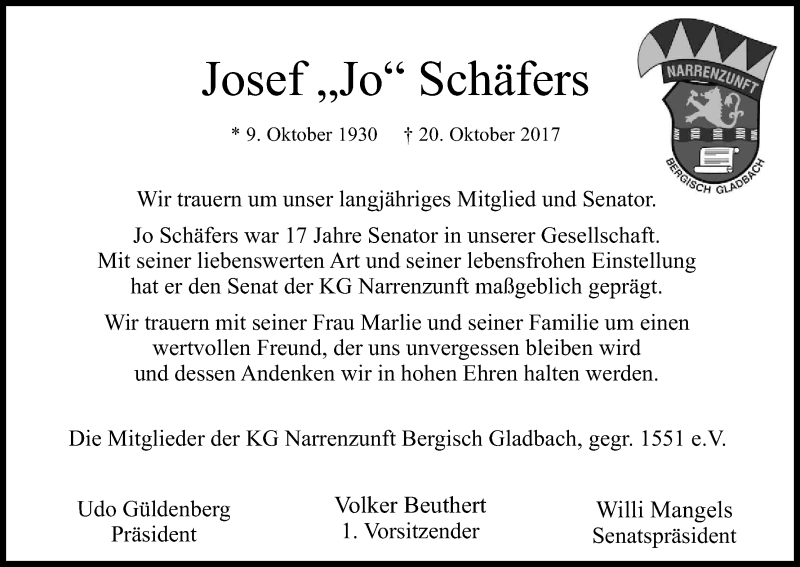  Traueranzeige für Josef Schäfers vom 28.10.2017 aus Kölner Stadt-Anzeiger / Kölnische Rundschau / Express
