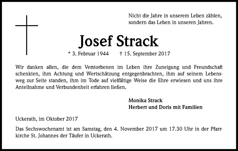  Traueranzeige für Josef Strack vom 25.10.2017 aus Kölner Stadt-Anzeiger / Kölnische Rundschau / Express
