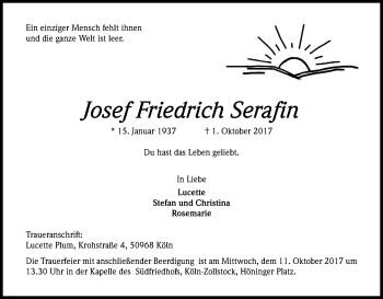 Anzeige von Josef Friedrich Serafin von Kölner Stadt-Anzeiger / Kölnische Rundschau / Express