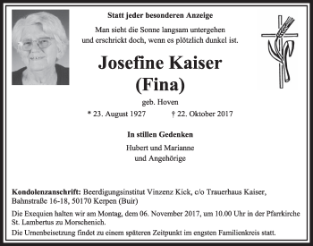 Anzeige von Josefine Kaiser von  Sonntags-Post 