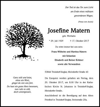 Anzeige von Josefine Matern von Kölner Stadt-Anzeiger / Kölnische Rundschau / Express