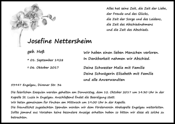 Anzeige von Josefine Nettersheim von Kölner Stadt-Anzeiger / Kölnische Rundschau / Express