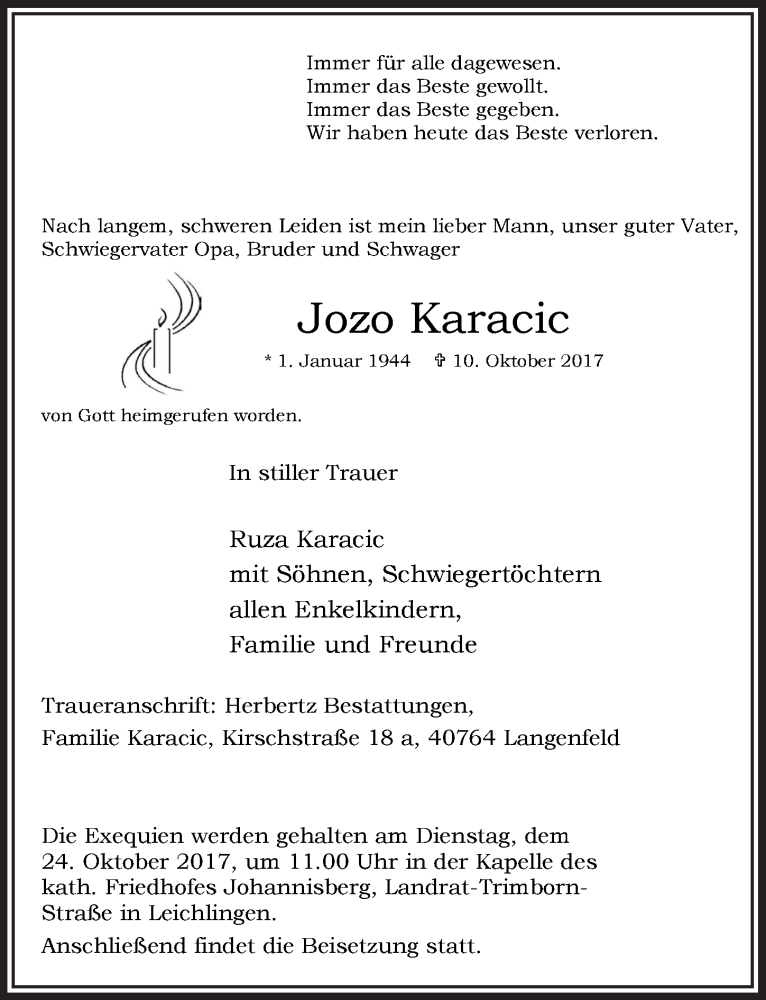  Traueranzeige für Jozo Karacic vom 21.10.2017 aus  Leverkusener Wochenende 