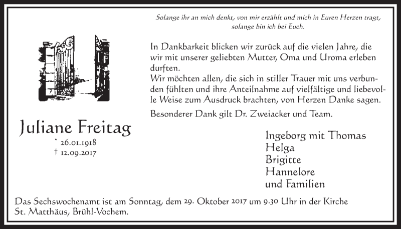  Traueranzeige für Juliane Freitag vom 18.10.2017 aus  Schlossbote/Werbekurier 
