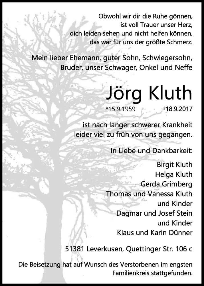  Traueranzeige für Jörg Kluth vom 07.10.2017 aus Kölner Stadt-Anzeiger / Kölnische Rundschau / Express