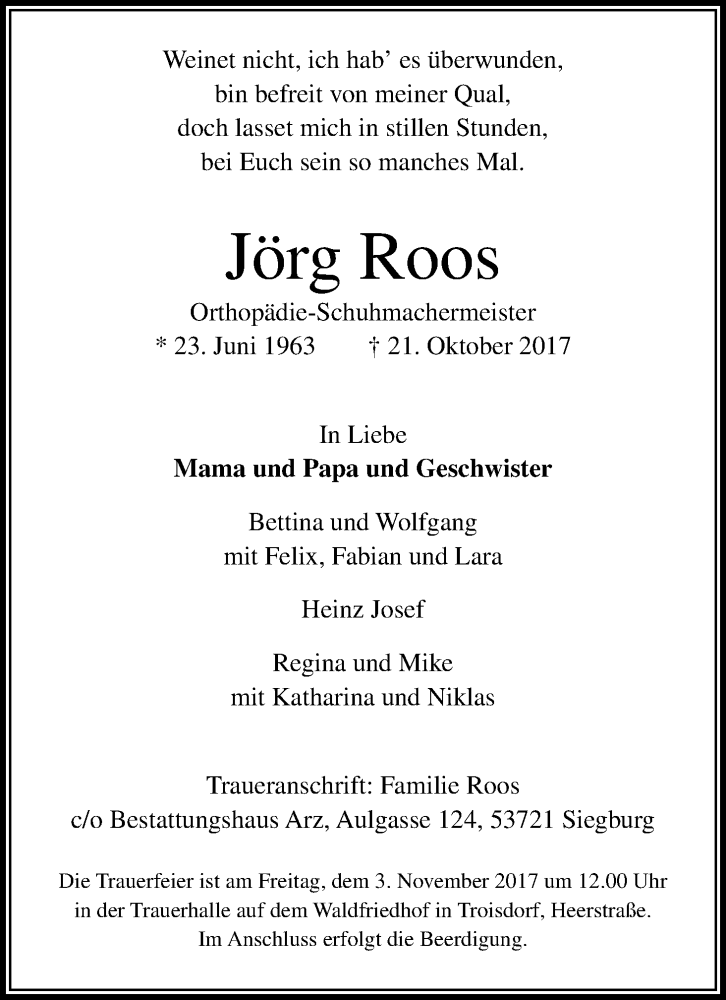  Traueranzeige für Jörg Roos vom 28.10.2017 aus Kölner Stadt-Anzeiger / Kölnische Rundschau / Express