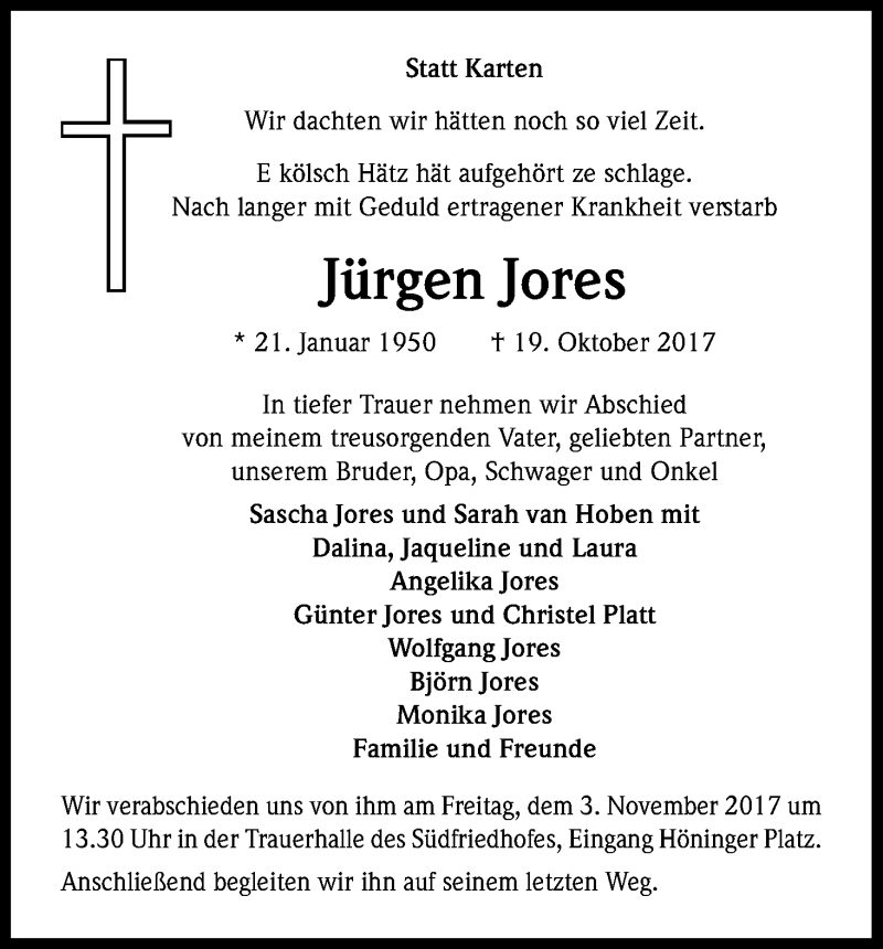  Traueranzeige für Jürgen Jores vom 28.10.2017 aus Kölner Stadt-Anzeiger / Kölnische Rundschau / Express