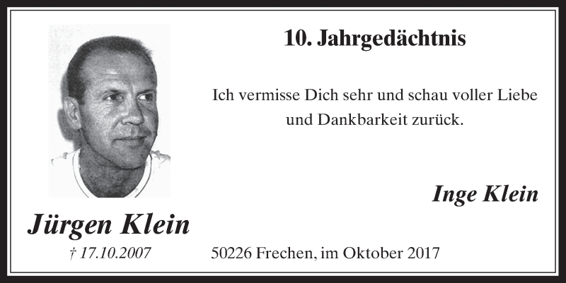  Traueranzeige für Jürgen Klein vom 18.10.2017 aus  Wochenende 