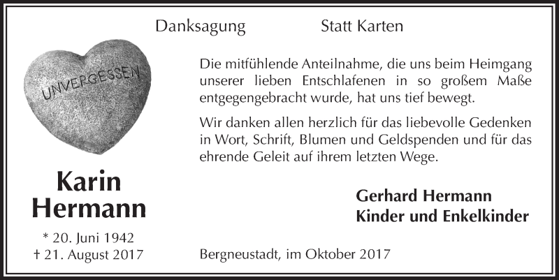  Traueranzeige für Karin Hermann vom 11.10.2017 aus  Anzeigen Echo 