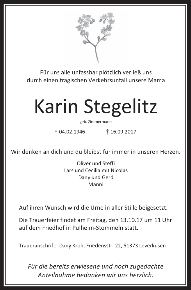  Traueranzeige für Karin Stegelitz vom 07.10.2017 aus  Sonntags-Post 