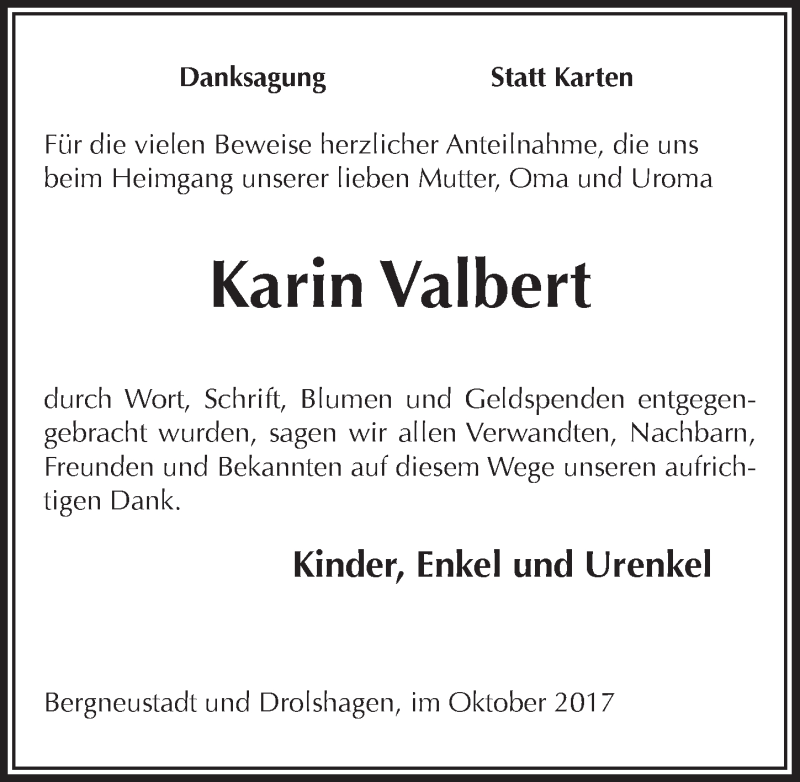  Traueranzeige für Karin Valbert vom 11.10.2017 aus  Anzeigen Echo 
