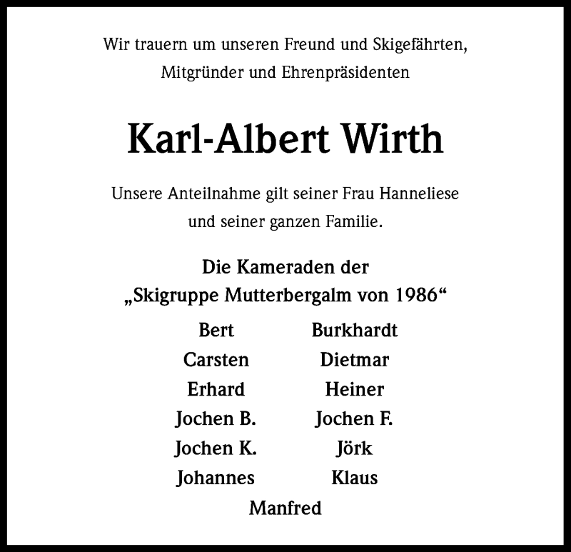  Traueranzeige für Karl-Albert Wirth vom 25.10.2017 aus Kölner Stadt-Anzeiger / Kölnische Rundschau / Express
