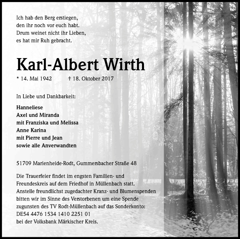  Traueranzeige für Karl-Albert Wirth vom 21.10.2017 aus Kölner Stadt-Anzeiger / Kölnische Rundschau / Express