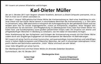 Anzeige von Karl-Dieter Müller von Kölner Stadt-Anzeiger / Kölnische Rundschau / Express
