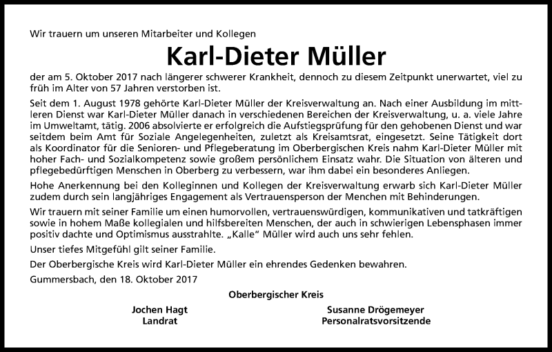  Traueranzeige für Karl-Dieter Müller vom 18.10.2017 aus Kölner Stadt-Anzeiger / Kölnische Rundschau / Express
