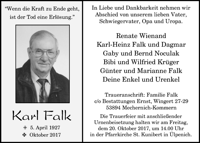  Traueranzeige für Karl Falk vom 14.10.2017 aus  Blickpunkt Euskirchen 