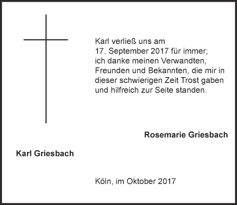  Traueranzeige für Karl Griesbach vom 18.10.2017 aus  Kölner Wochenspiegel 