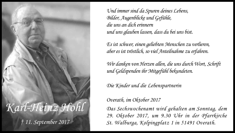  Traueranzeige für Karl-Heinz Hohl vom 21.10.2017 aus Kölner Stadt-Anzeiger / Kölnische Rundschau / Express