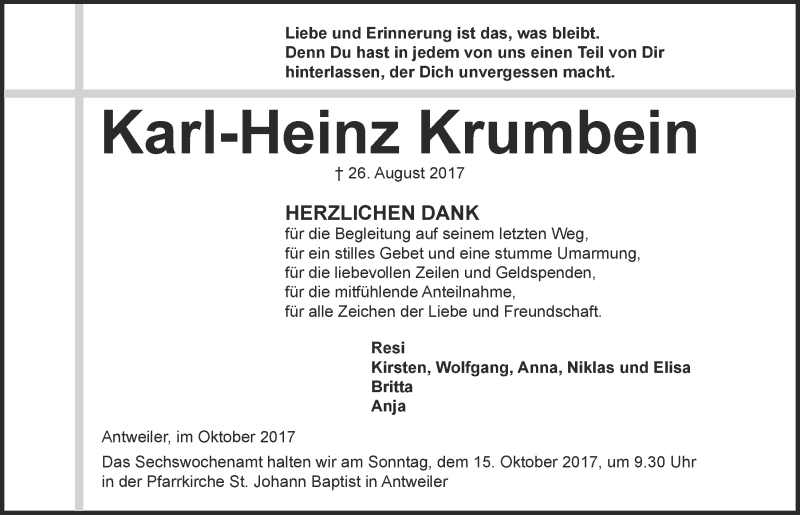  Traueranzeige für Karl-Heinz Krumbein vom 07.10.2017 aus  Blickpunkt Euskirchen 
