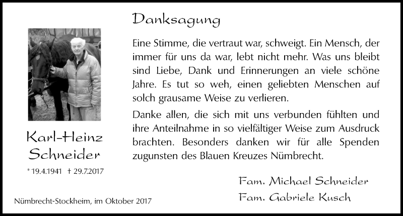  Traueranzeige für Karl-Heinz Schneider vom 18.10.2017 aus  Lokalanzeiger 