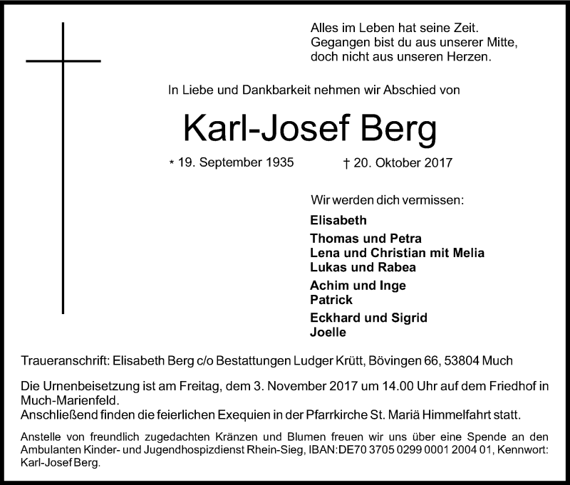  Traueranzeige für Karl-Josef Berg vom 28.10.2017 aus Kölner Stadt-Anzeiger / Kölnische Rundschau / Express