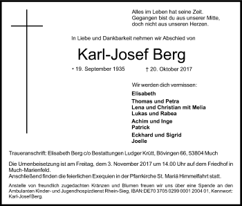 Anzeige von Karl-Josef Berg von Kölner Stadt-Anzeiger / Kölnische Rundschau / Express