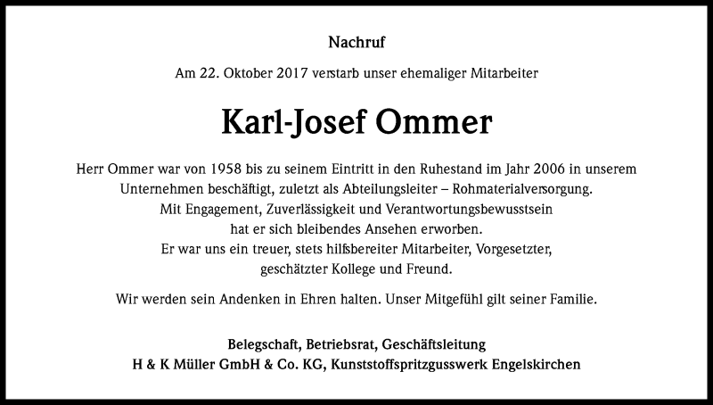  Traueranzeige für Karl-Josef Ommer vom 26.10.2017 aus Kölner Stadt-Anzeiger / Kölnische Rundschau / Express