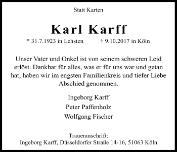 Anzeige von Karl Karff von Kölner Stadt-Anzeiger / Kölnische Rundschau / Express