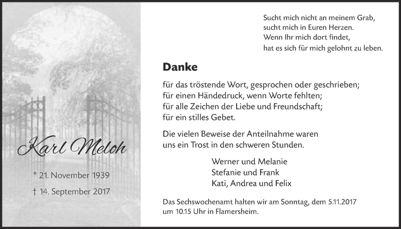  Traueranzeige für Karl Meloh vom 28.10.2017 aus  Blickpunkt Euskirchen 