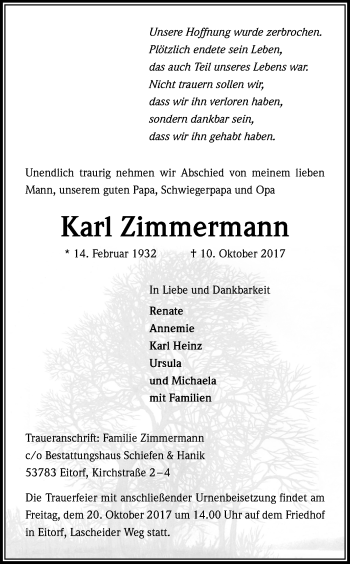 Anzeige von Karl Zimmermann von Kölner Stadt-Anzeiger / Kölnische Rundschau / Express