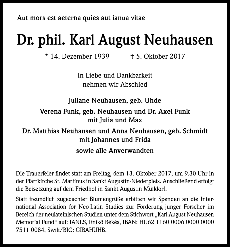  Traueranzeige für Karl August Neuhausen vom 11.10.2017 aus Kölner Stadt-Anzeiger / Kölnische Rundschau / Express