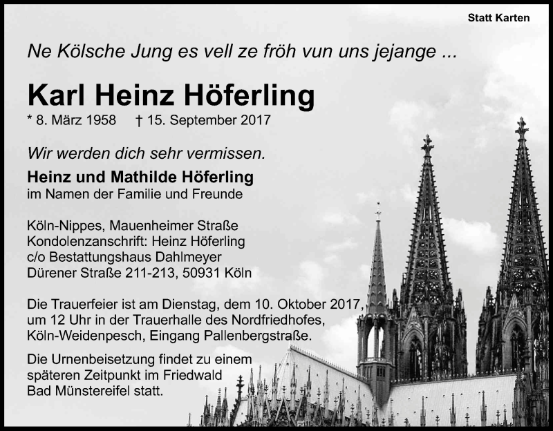  Traueranzeige für Karl Heinz Höferling vom 07.10.2017 aus Kölner Stadt-Anzeiger / Kölnische Rundschau / Express