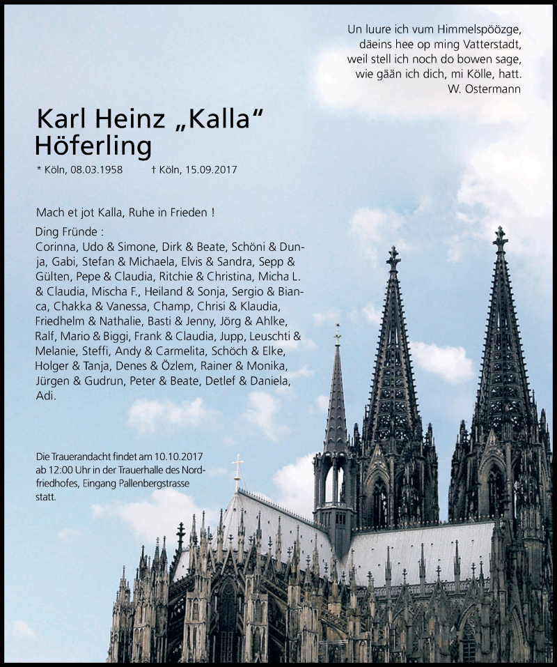 Traueranzeige für Karl Heinz Höferling vom 07.10.2017 aus Kölner Stadt-Anzeiger / Kölnische Rundschau / Express