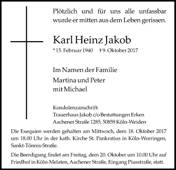 Anzeige von Karl Heinz Jakob von Kölner Stadt-Anzeiger / Kölnische Rundschau / Express