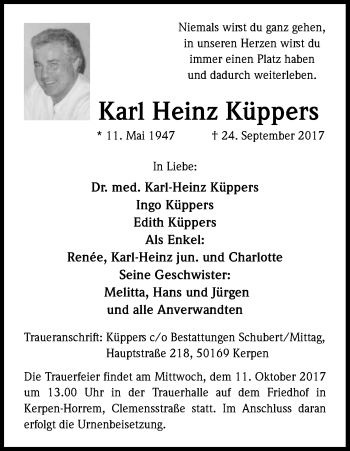 Anzeige von Karl Heinz Küppers von Kölner Stadt-Anzeiger / Kölnische Rundschau / Express