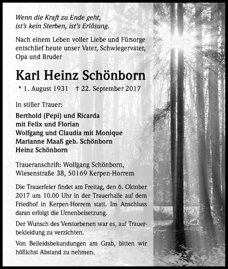  Traueranzeige für Karl Heinz Schönborn vom 03.10.2017 aus Kölner Stadt-Anzeiger / Kölnische Rundschau / Express