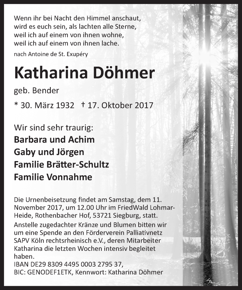  Traueranzeige für Katharina Döhmer vom 25.10.2017 aus  Kölner Wochenspiegel 